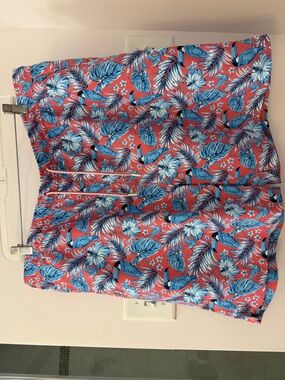 Peter Millar Coral Swim Shorts with Blue Tropical Print
